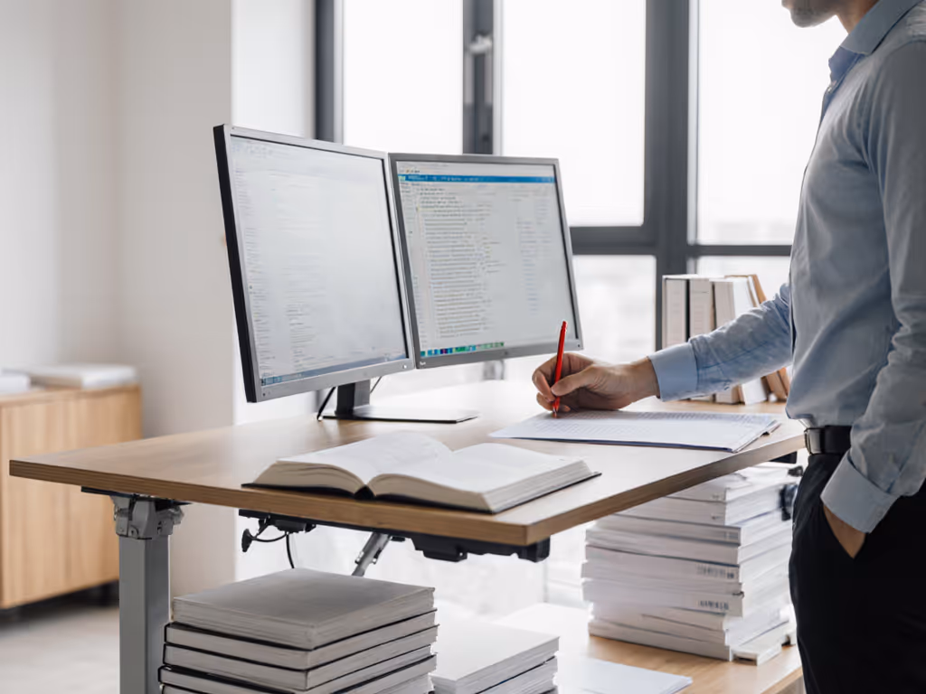 document_reviewer_at_standing_desk_with_books_and_monitor